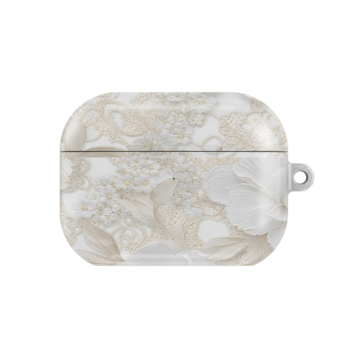 Ivory Lace Peony AirPods case — ivory floral, closed front view
