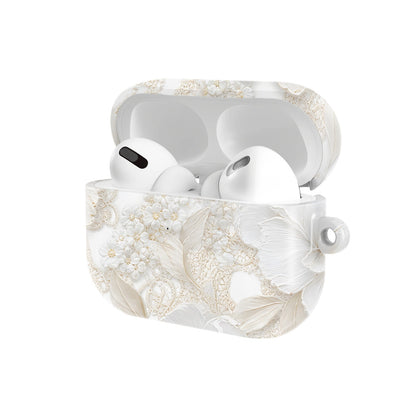 Ivory Lace Peony AirPods case — open angled view