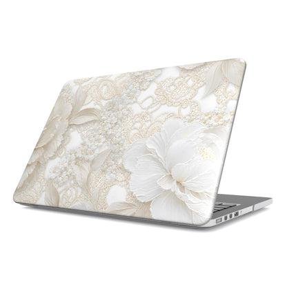 Ivory Lace Peony MacBook case — ivory floral, hard-shell laptop cover, angled lid view