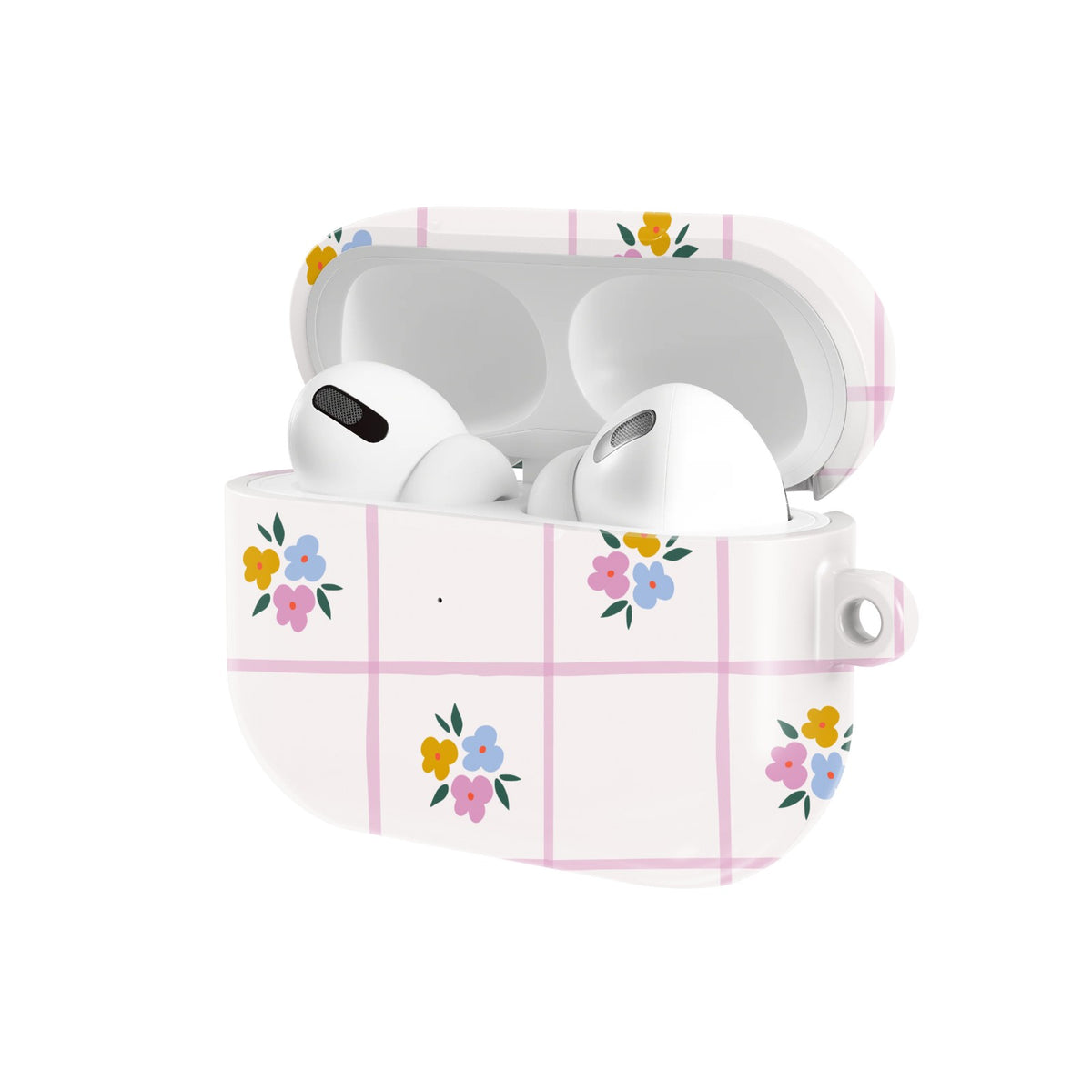 Ditsy Floral Check AirPods case — open angled view