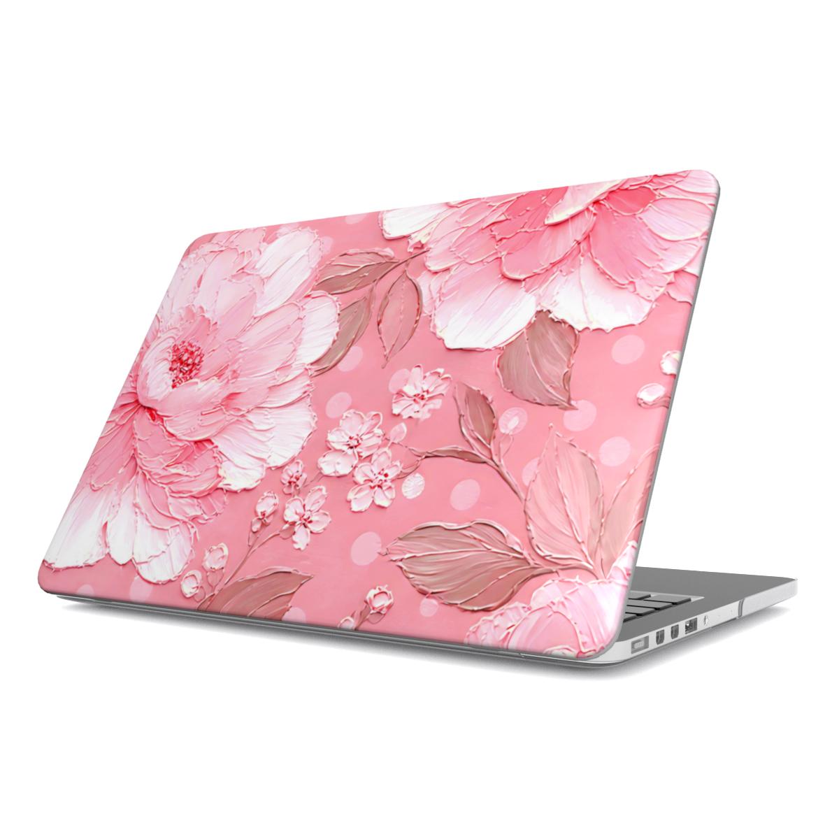 Pink Peony Polka Dot MacBook case — pink floral, hard-shell laptop cover, angled lid view