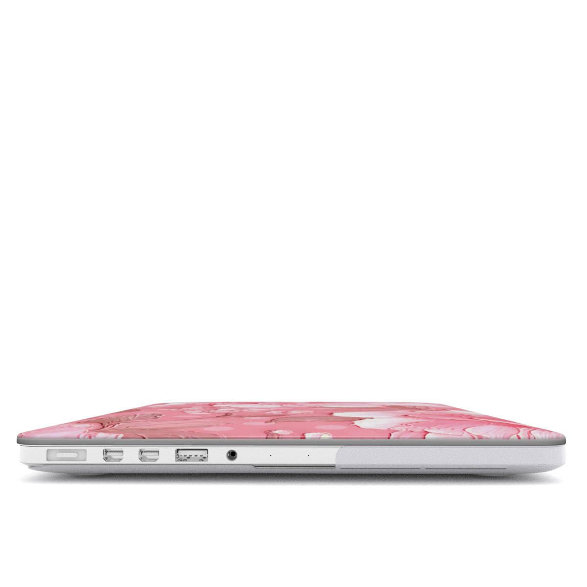 Pink Peony Polka Dot MacBook case — hard-shell laptop cover, side view with ports