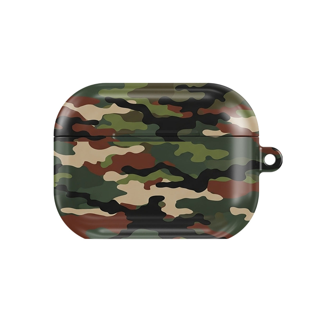 Woodland Camo AirPods case — classic camo, closed front view