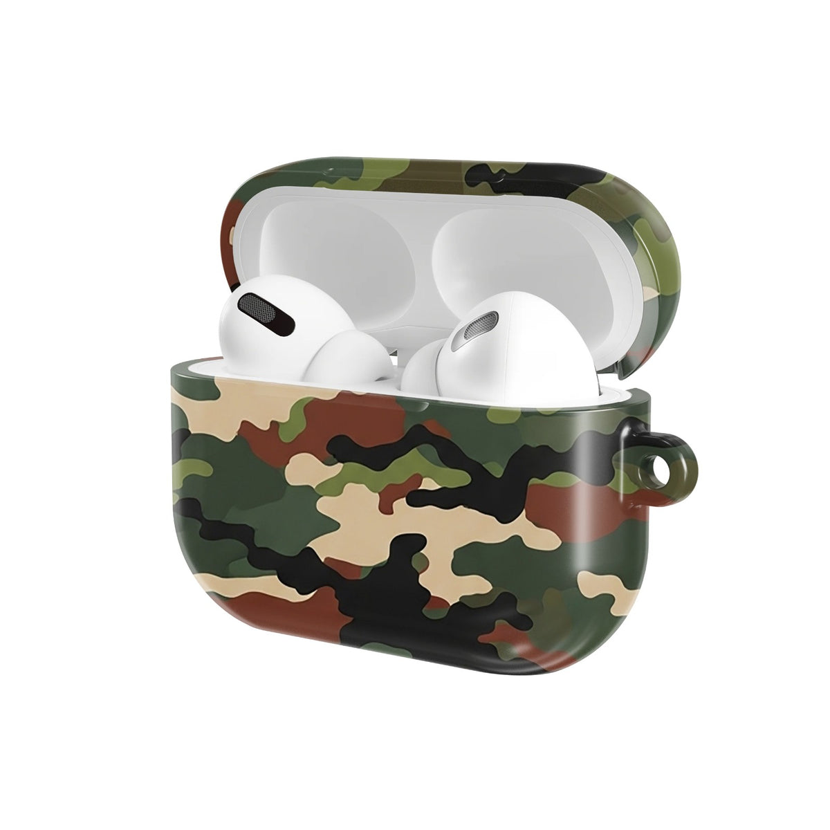 Woodland Camo AirPods case — open angled view