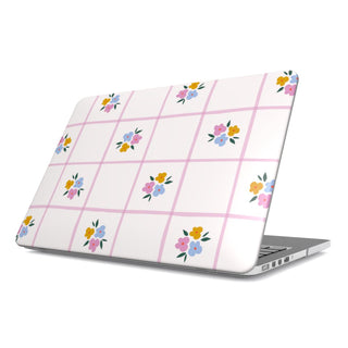 Ditsy Floral Check MacBook case — blush floral, hard-shell laptop cover, angled lid view