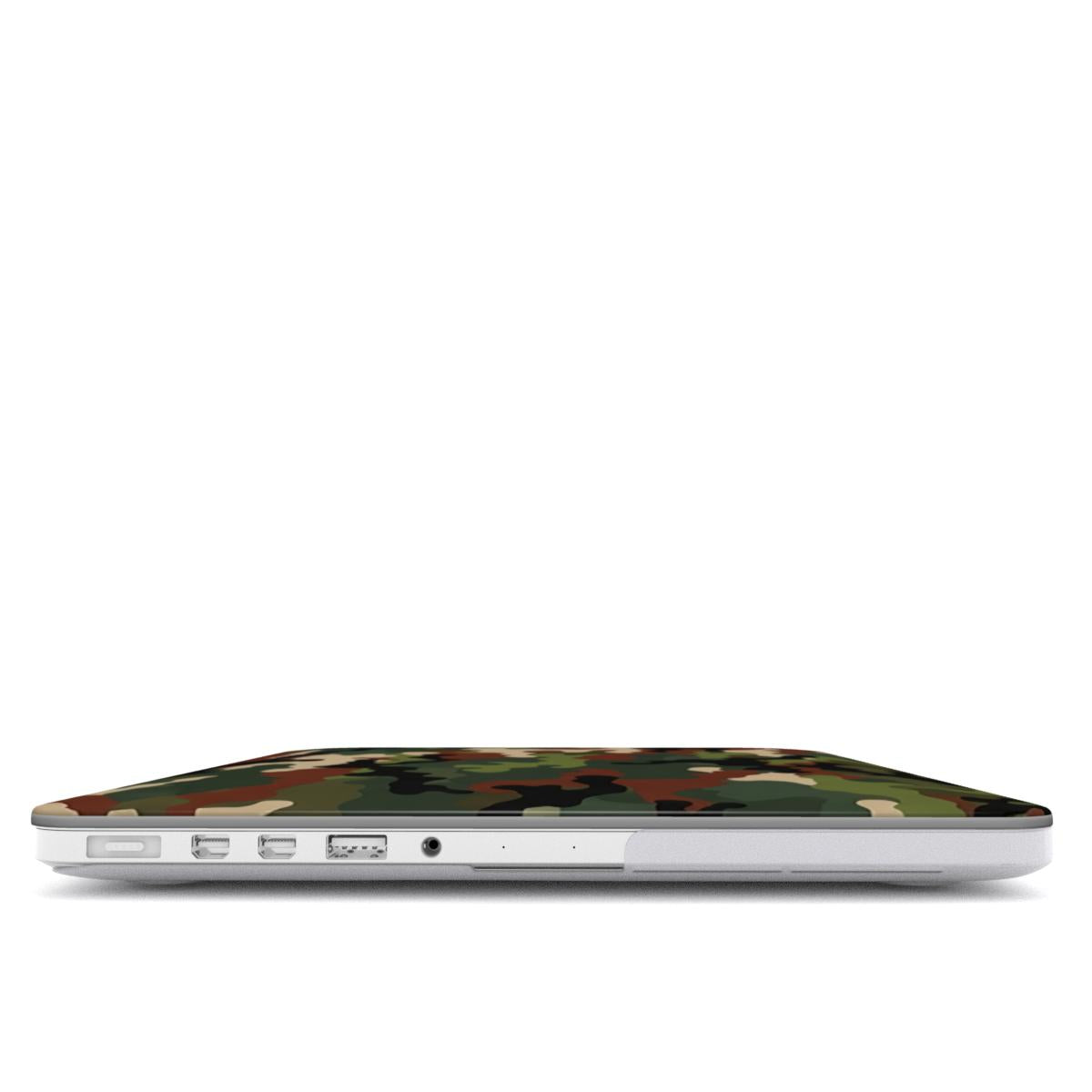 Woodland Camo MacBook case — hard-shell laptop cover, side view with ports