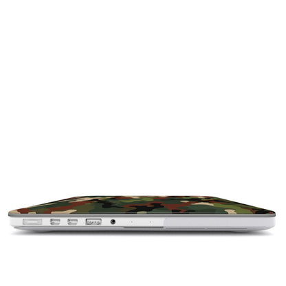 Woodland Camo MacBook case — hard-shell laptop cover, side view with ports