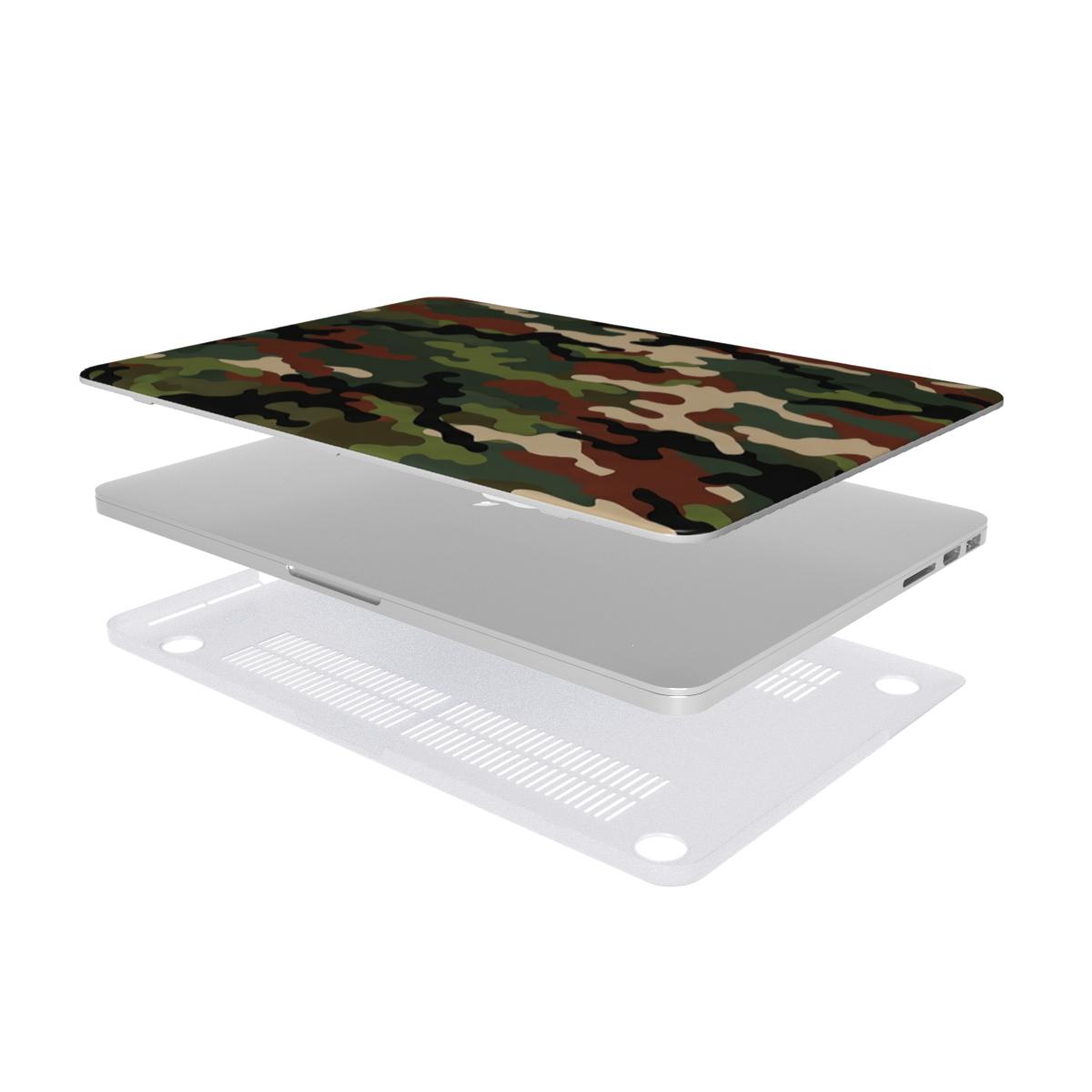 Woodland Camo MacBook case — hard-shell laptop cover, two-piece shell view