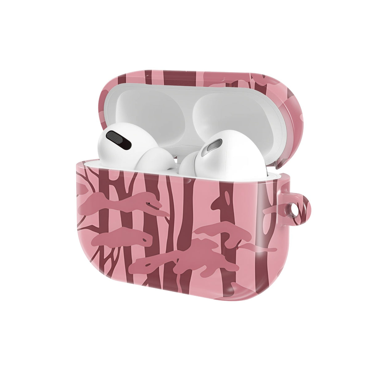 Pink Forest Camo AirPods case — open angled view