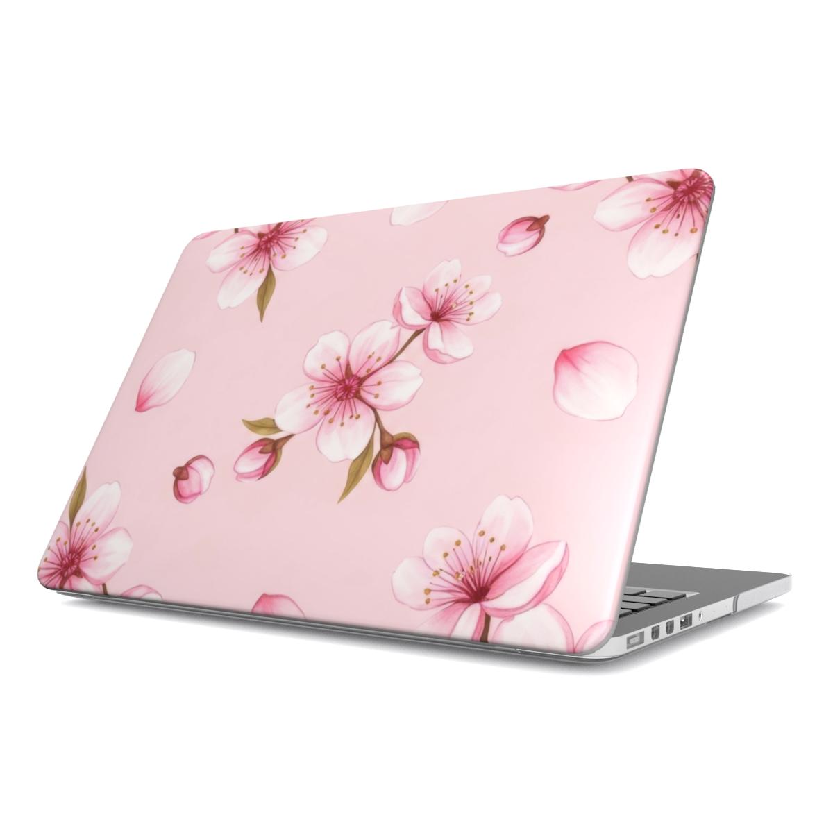 Cherry Blossom MacBook case — pink sakura, hard-shell laptop cover, angled lid view