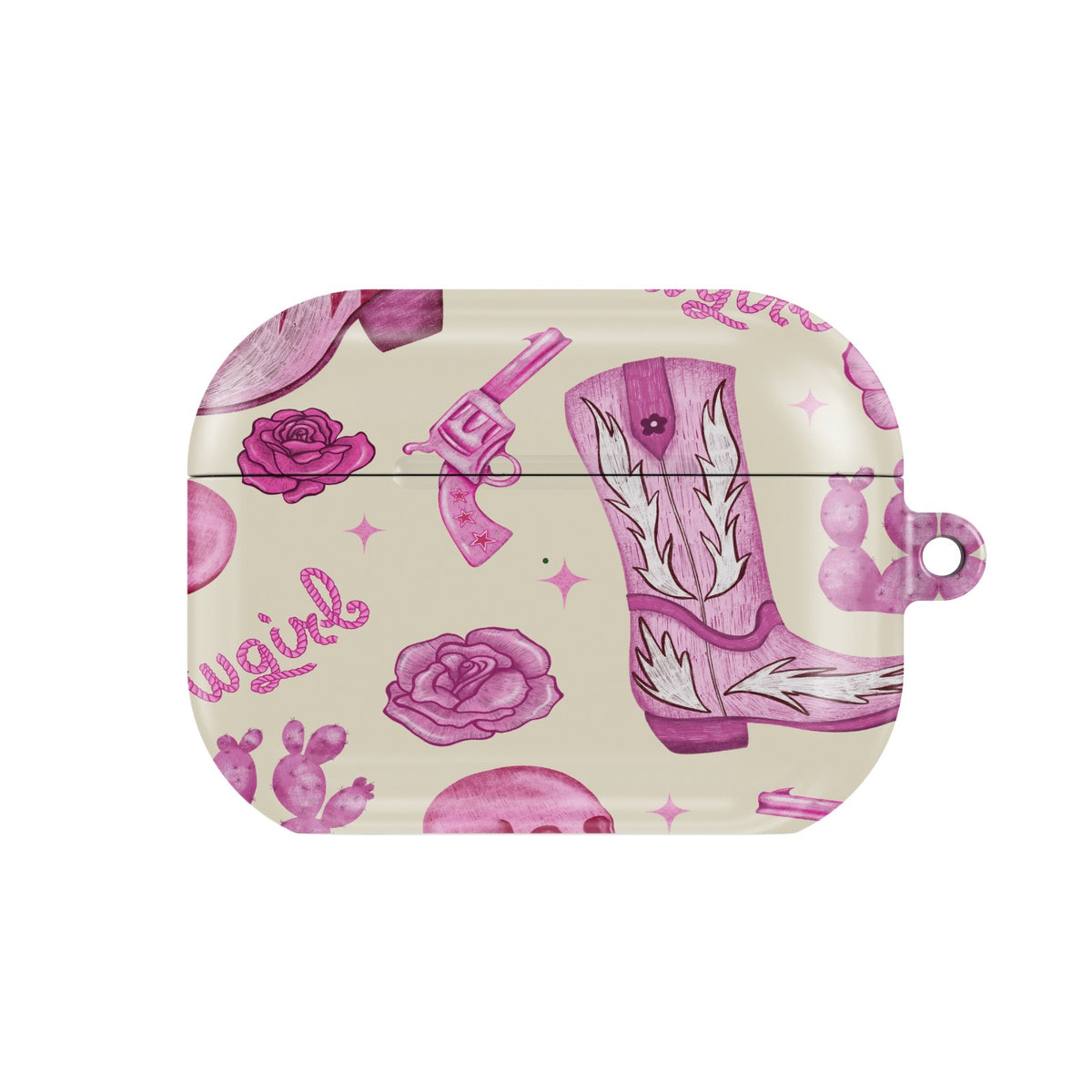 Pink Cowgirl AirPods case — hot pink western, closed front view