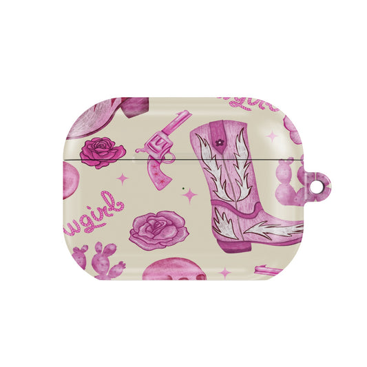 Pink Cowgirl AirPods case — hot pink western, closed front view