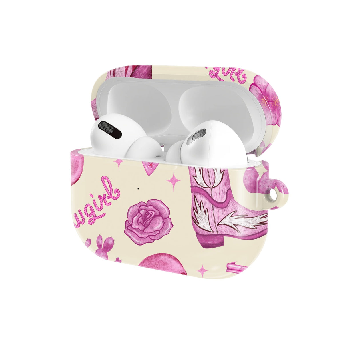 Pink Cowgirl AirPods case — open angled view