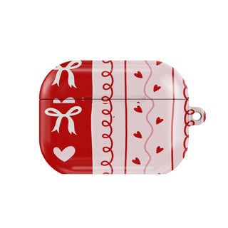 Bows & Hearts Stripe AirPods case — red & pink, closed front view