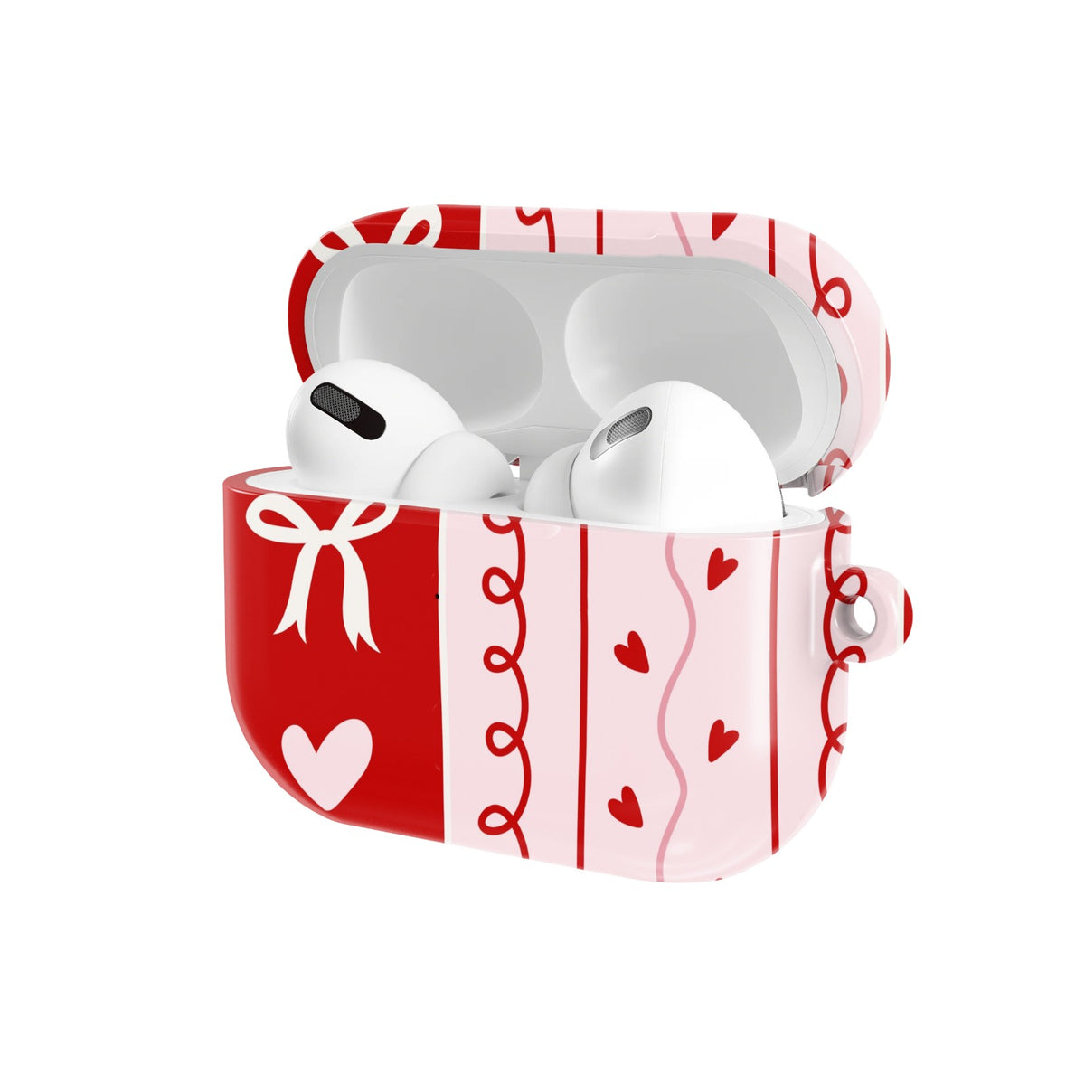 Bows & Hearts Stripe AirPods case — open angled view