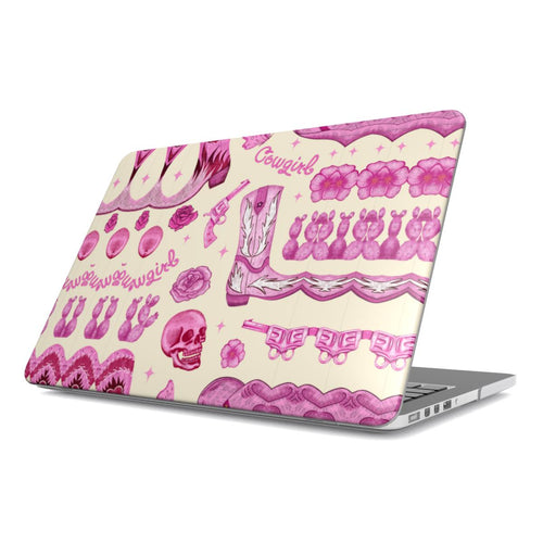 Pink Cowgirl MacBook case — hot pink western, hard-shell laptop cover, angled lid view