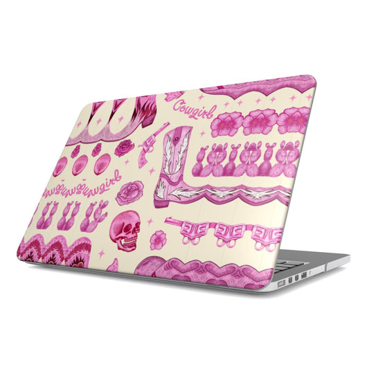 Pink Cowgirl MacBook case — hot pink western, hard-shell laptop cover, angled lid view