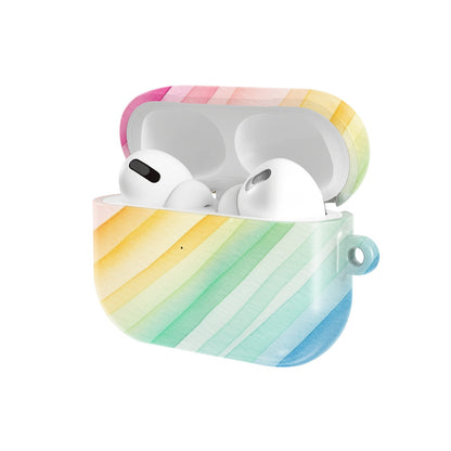 Rainbow Watercolor Stripe AirPods case — open angled view