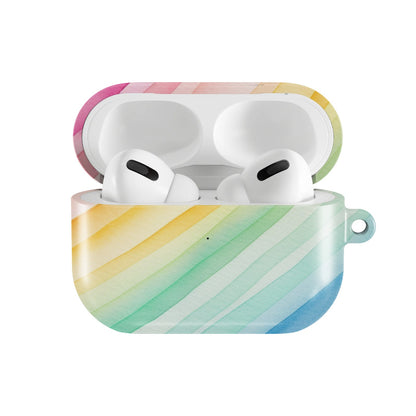 Rainbow Watercolor Stripe AirPods case — open front view