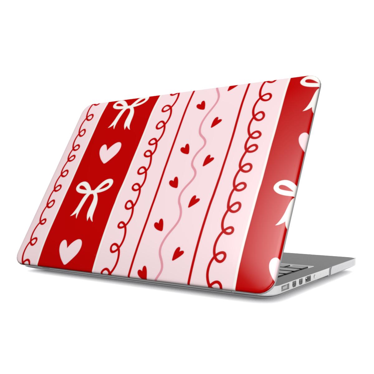 Bows & Hearts Stripe MacBook case — red & pink, hard-shell laptop cover, angled lid view