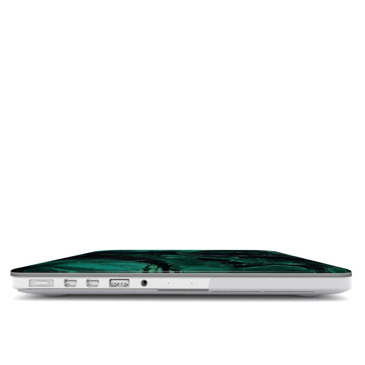 Malachite Marble MacBook case — hard-shell laptop cover, side view with ports