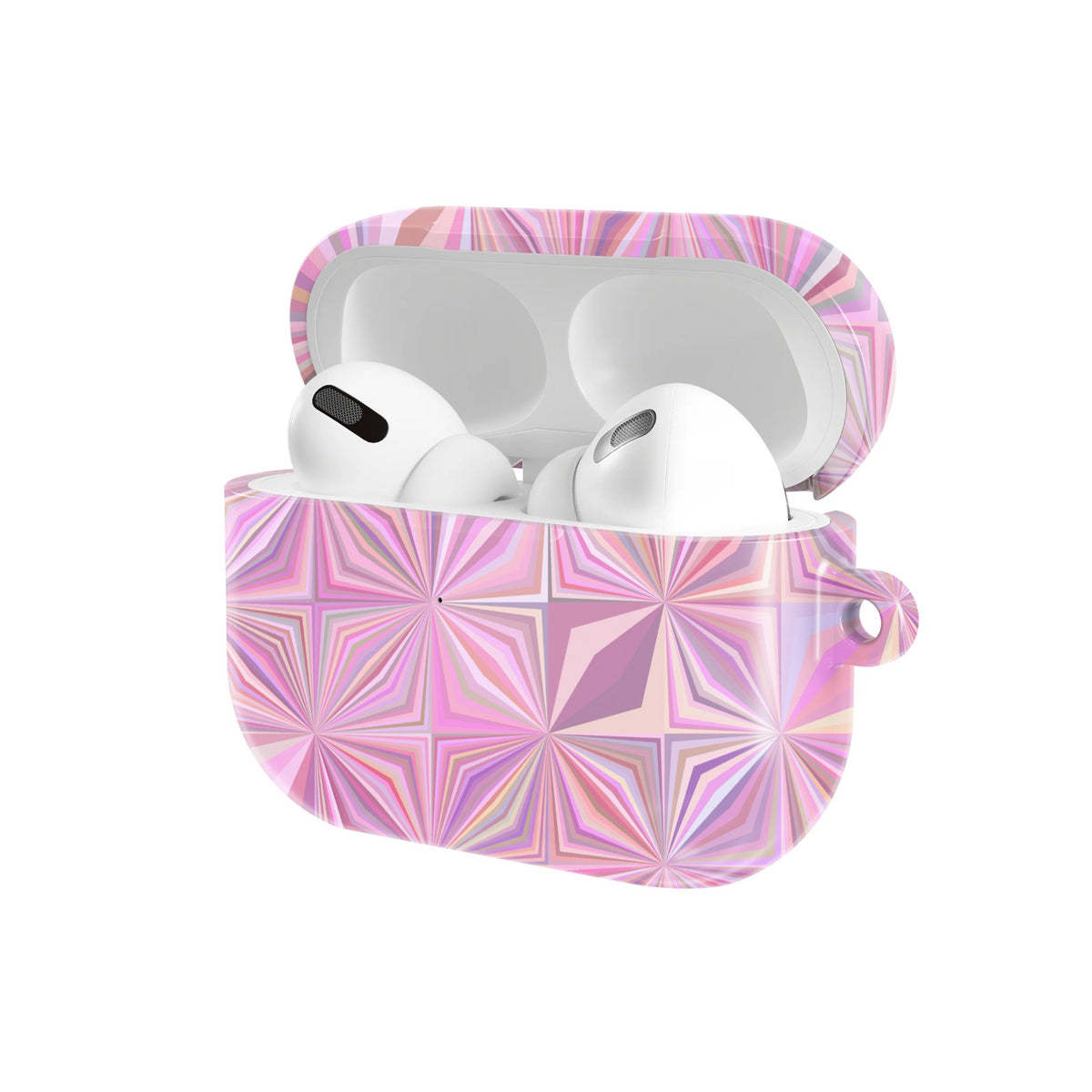 Pink Prism AirPods case — open angled view