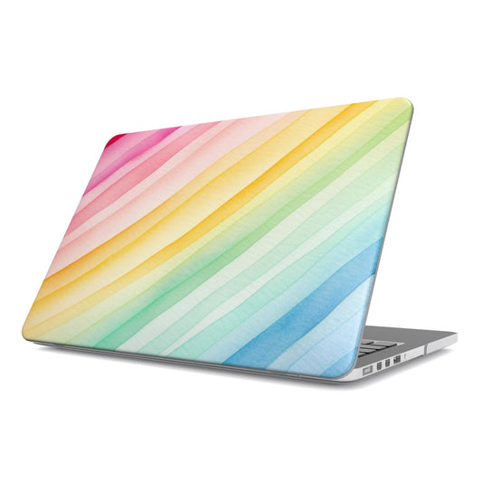 Rainbow Watercolor Stripe MacBook case — rainbow, hard-shell laptop cover, angled lid view