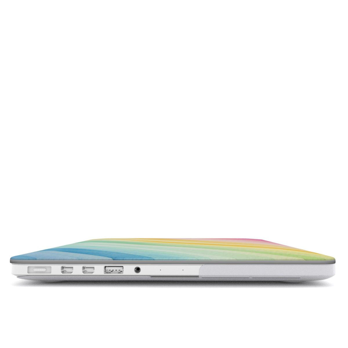 Rainbow Watercolor Stripe MacBook case — hard-shell laptop cover, side view with ports