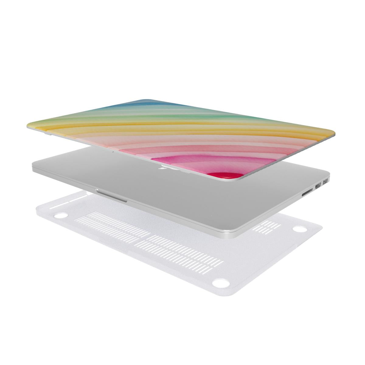 Rainbow Watercolor Stripe MacBook case — hard-shell laptop cover, two-piece shell view
