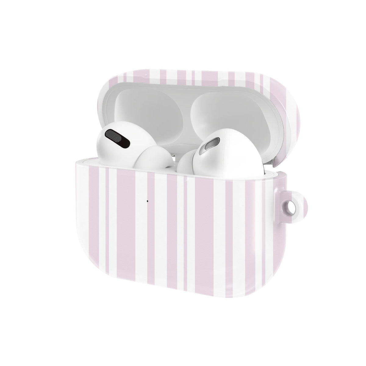 Blush Ticking Stripe AirPods case — open angled view