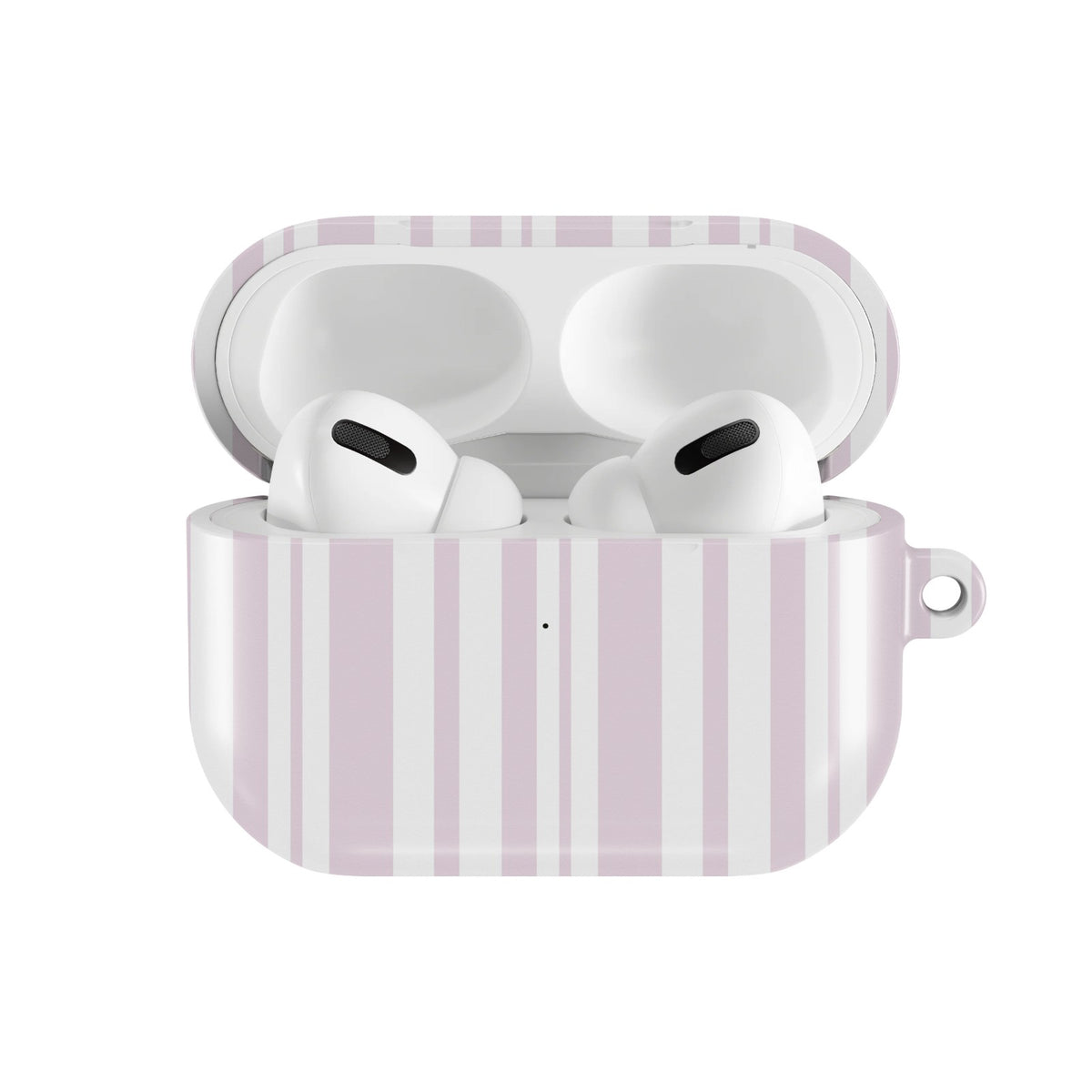 Blush Ticking Stripe AirPods case — open front view