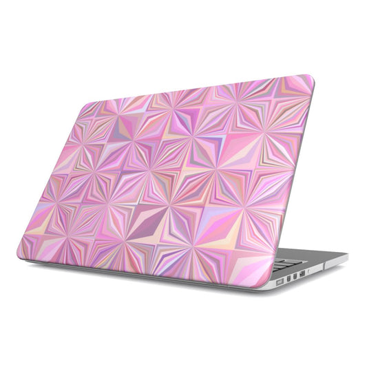 Pink Prism MacBook case — pastel geometric, hard-shell laptop cover, angled lid view