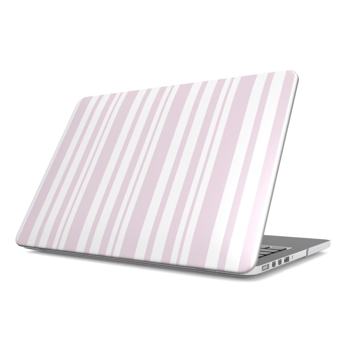 Blush Ticking Stripe MacBook case — pink stripe, hard-shell laptop cover, angled lid view