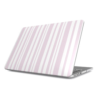 Blush Ticking Stripe MacBook case — pink stripe, hard-shell laptop cover, angled lid view