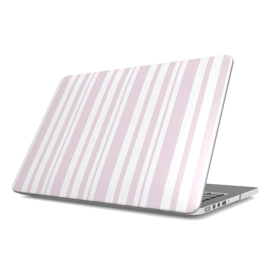 Blush Ticking Stripe MacBook case — pink stripe, hard-shell laptop cover, angled lid view