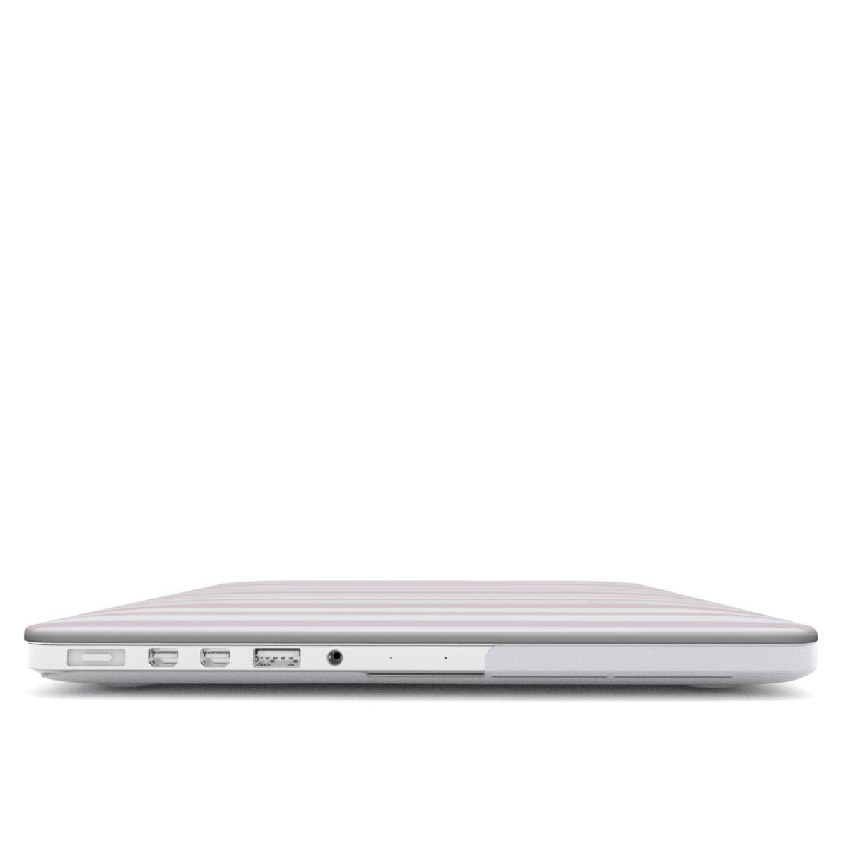 Blush Ticking Stripe MacBook case — hard-shell laptop cover, side view with ports
