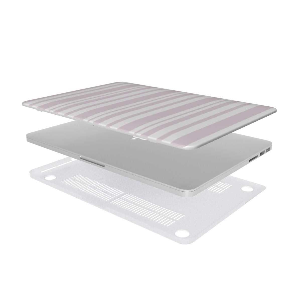 Blush Ticking Stripe MacBook case — hard-shell laptop cover, two-piece shell view