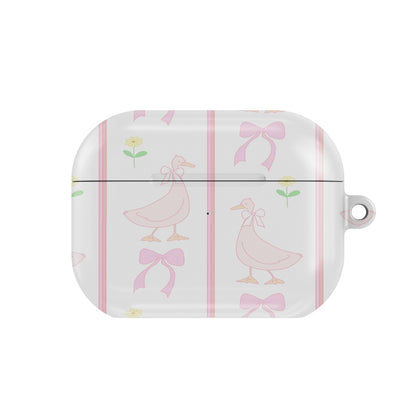 Ribbon Goose AirPods case — pink coquette, closed front view