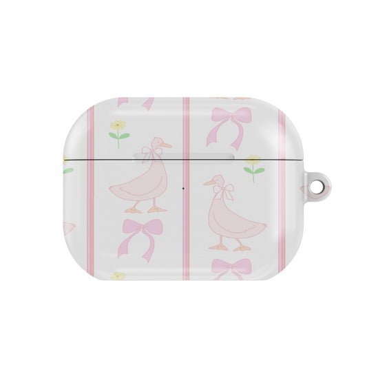 Ribbon Goose AirPods case — pink coquette, closed front view
