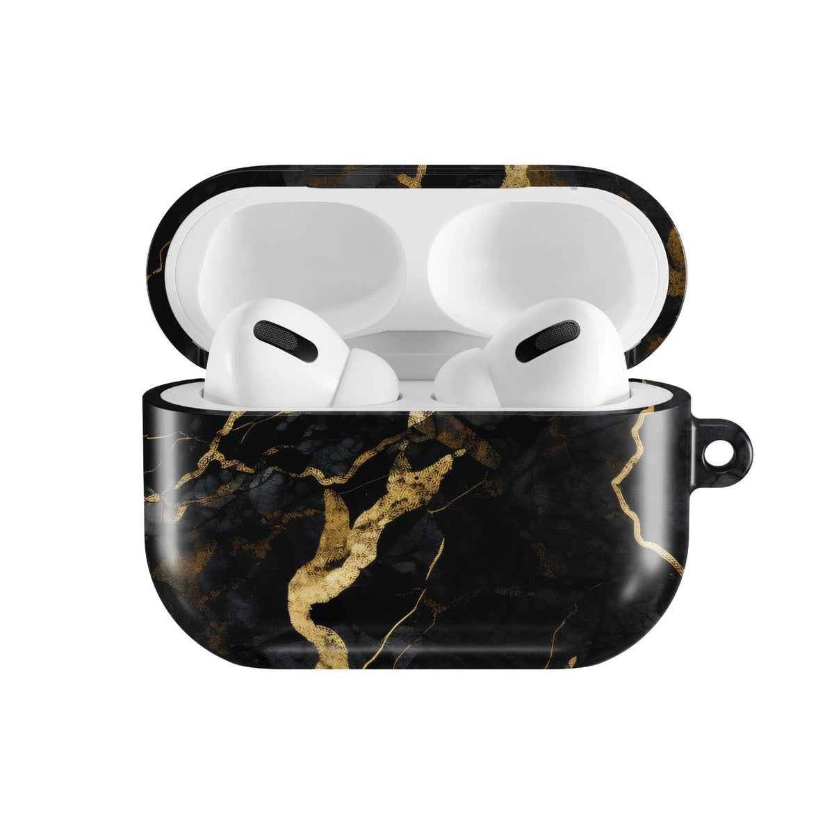 Onyx Gold Marble AirPods case — open front view