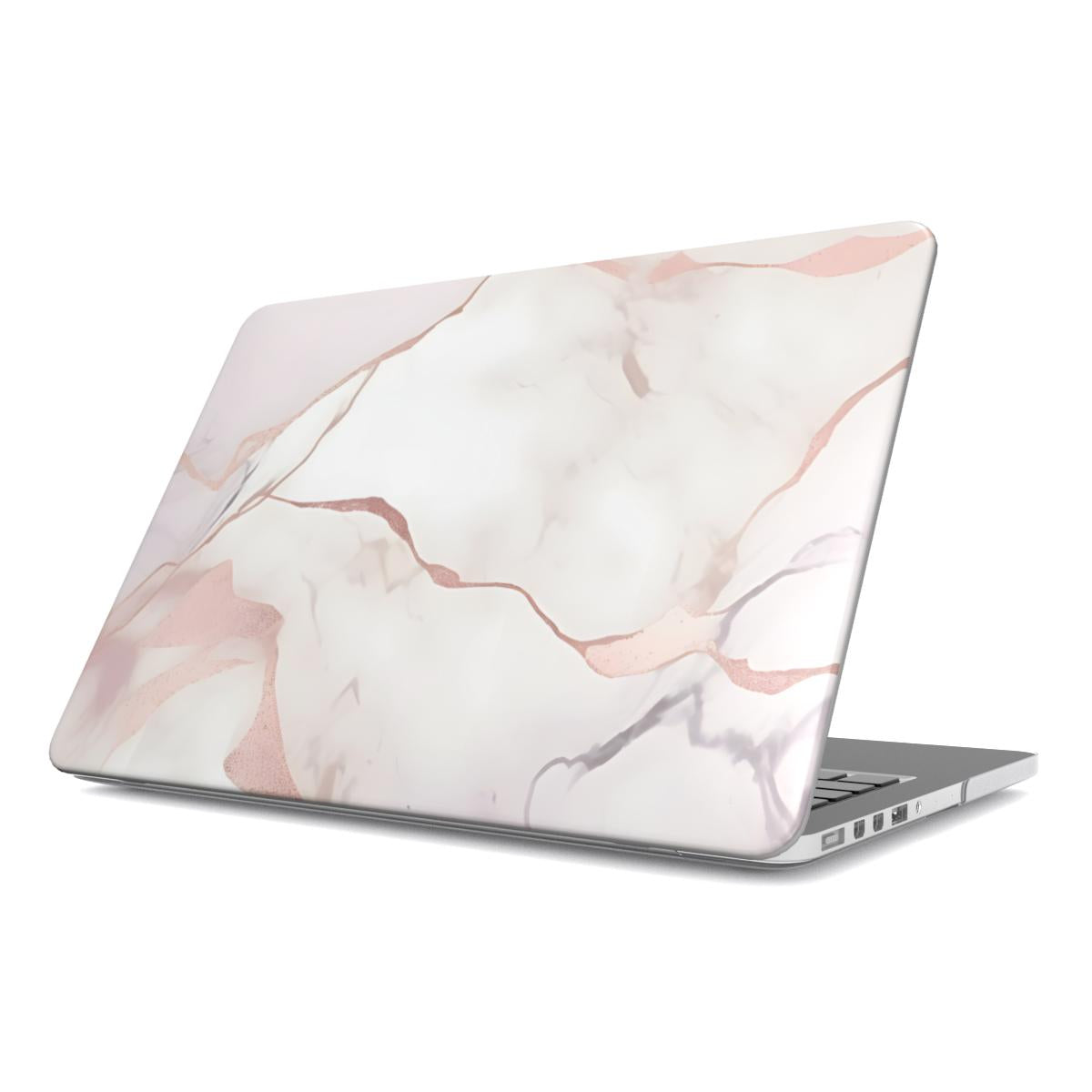 Blush Marble MacBook case — soft pink, hard-shell laptop cover, angled lid view