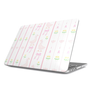 Ribbon Goose MacBook case — pink coquette, hard-shell laptop cover, angled lid view