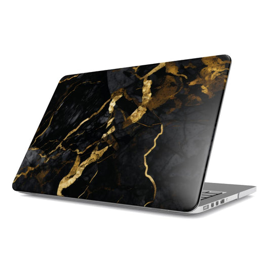 Onyx Gold Marble MacBook case — black & gold, hard-shell laptop cover, angled lid view