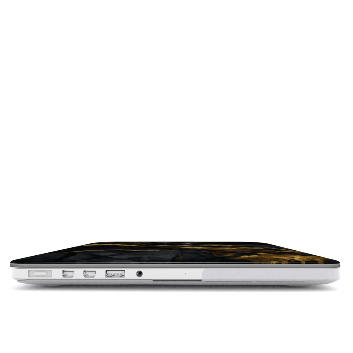 Onyx Gold Marble MacBook case — hard-shell laptop cover, side view with ports