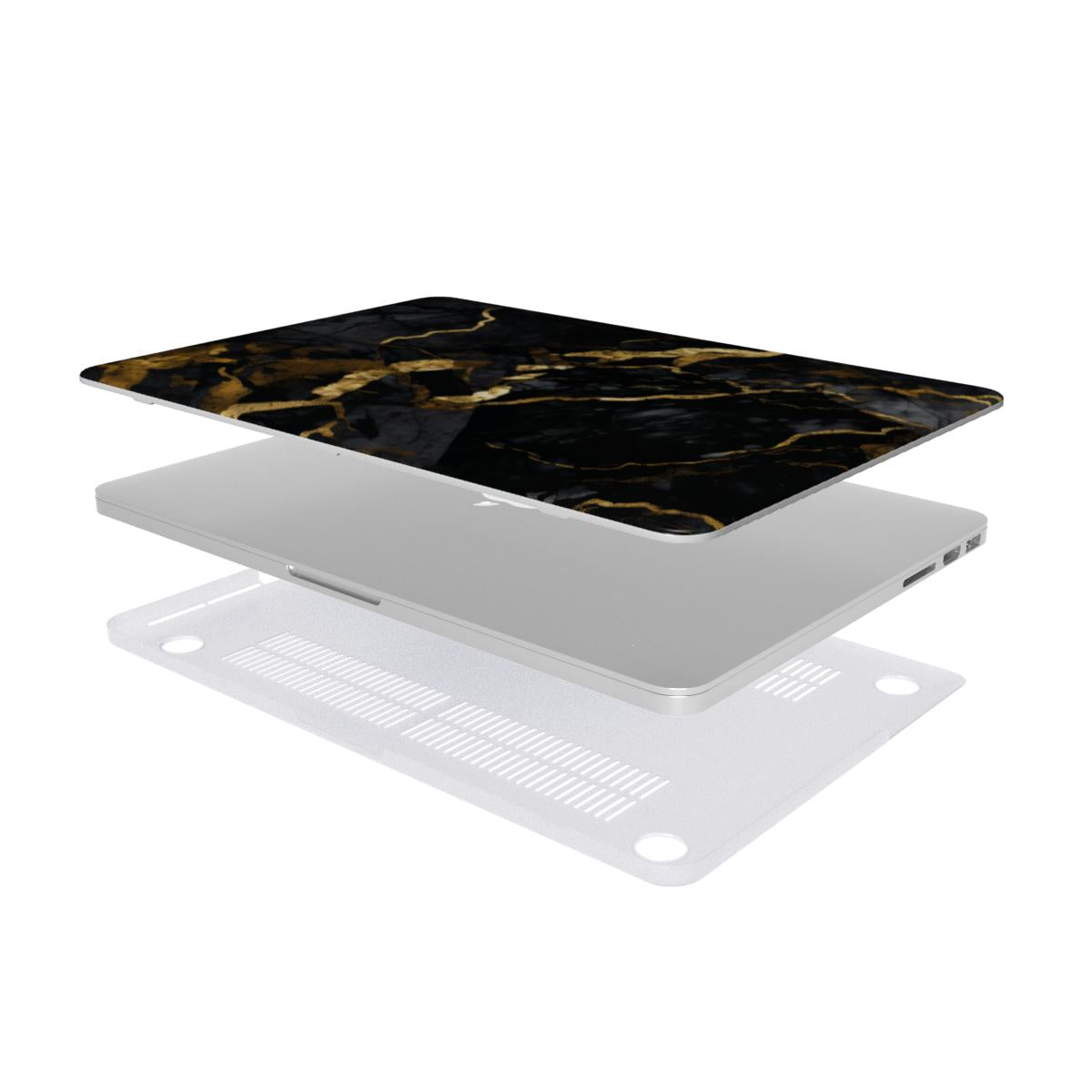 Onyx Gold Marble MacBook case — hard-shell laptop cover, two-piece shell view