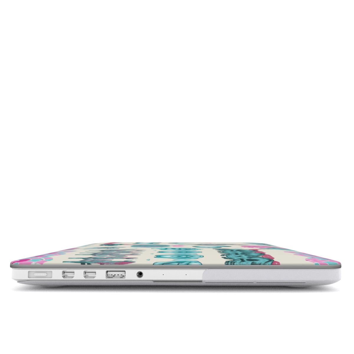 Turquoise Rodeo MacBook case — hard-shell laptop cover, side view with ports