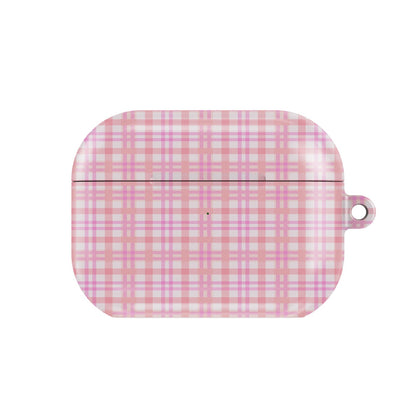 Pink Gingham AirPods case — pink check, closed front view