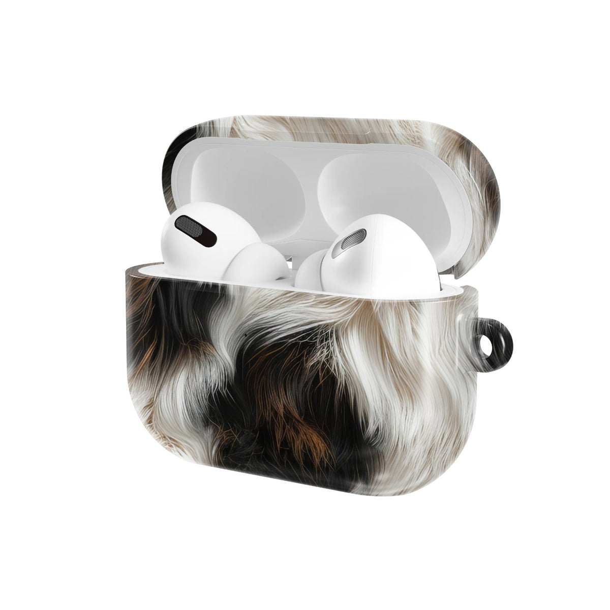 Black Cowhide AirPods case — open angled view