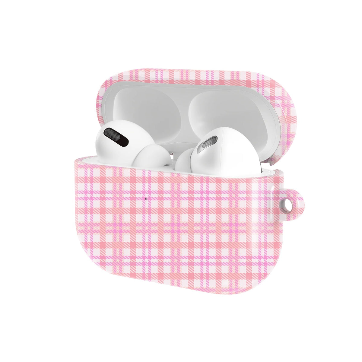 Pink Gingham AirPods case — open angled view