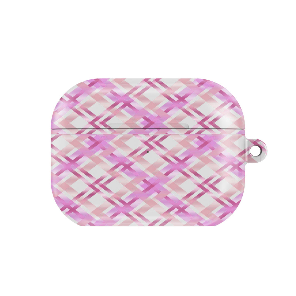 Rose Plaid AirPods case — pink plaid, closed front view